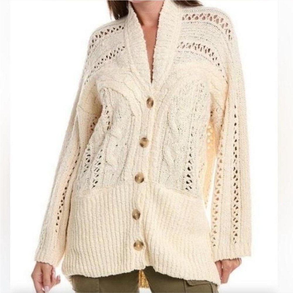 Free People Cream Button-Up Cable Knit Cardigan